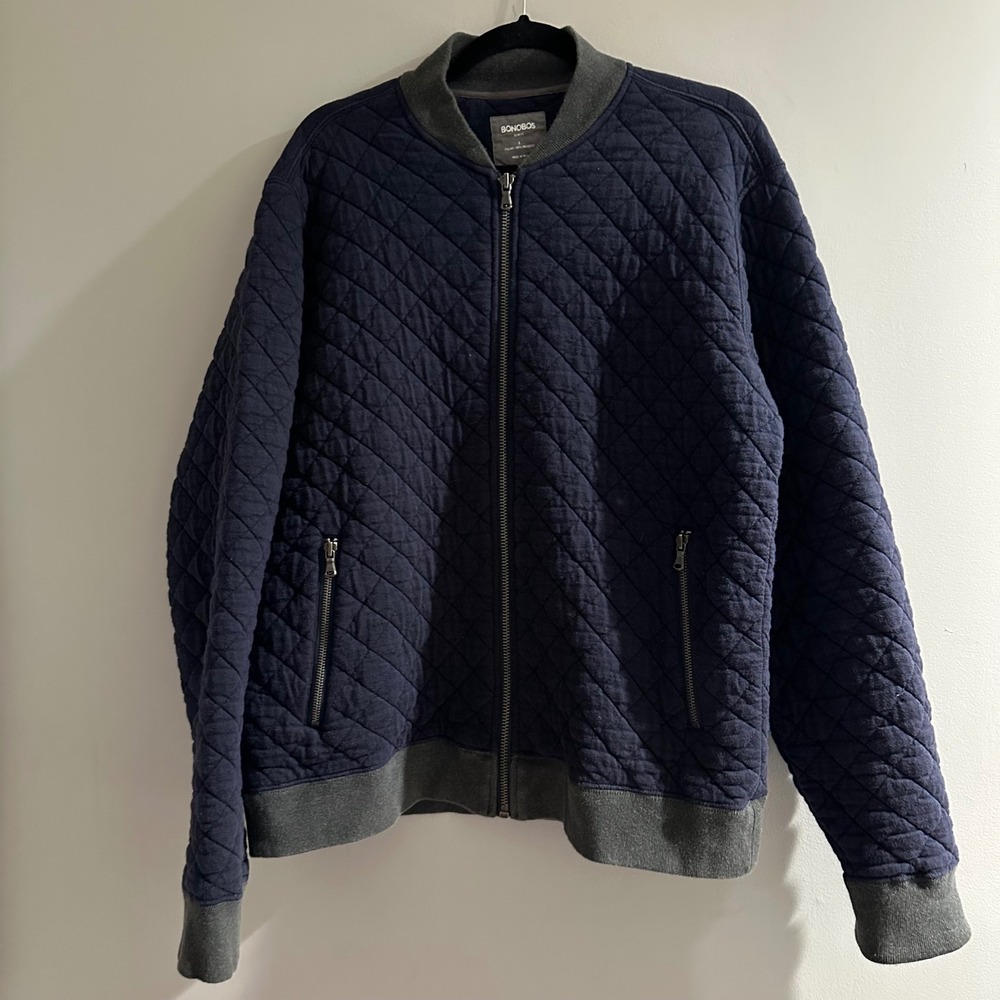 BONOBOS Mens Quilted Bomber Jacket Navy Blue Slim Fit Size L Zip Front Pockets